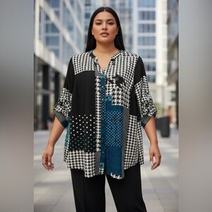 NWT, Claire France, Plus Size Patchwork Blouse, 18W, Black, White, Blue